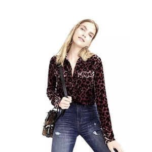 JCrew Rose Leopard Velvet Classic Fit Button Up Pocket Top Shirt Blouse Sz 6T